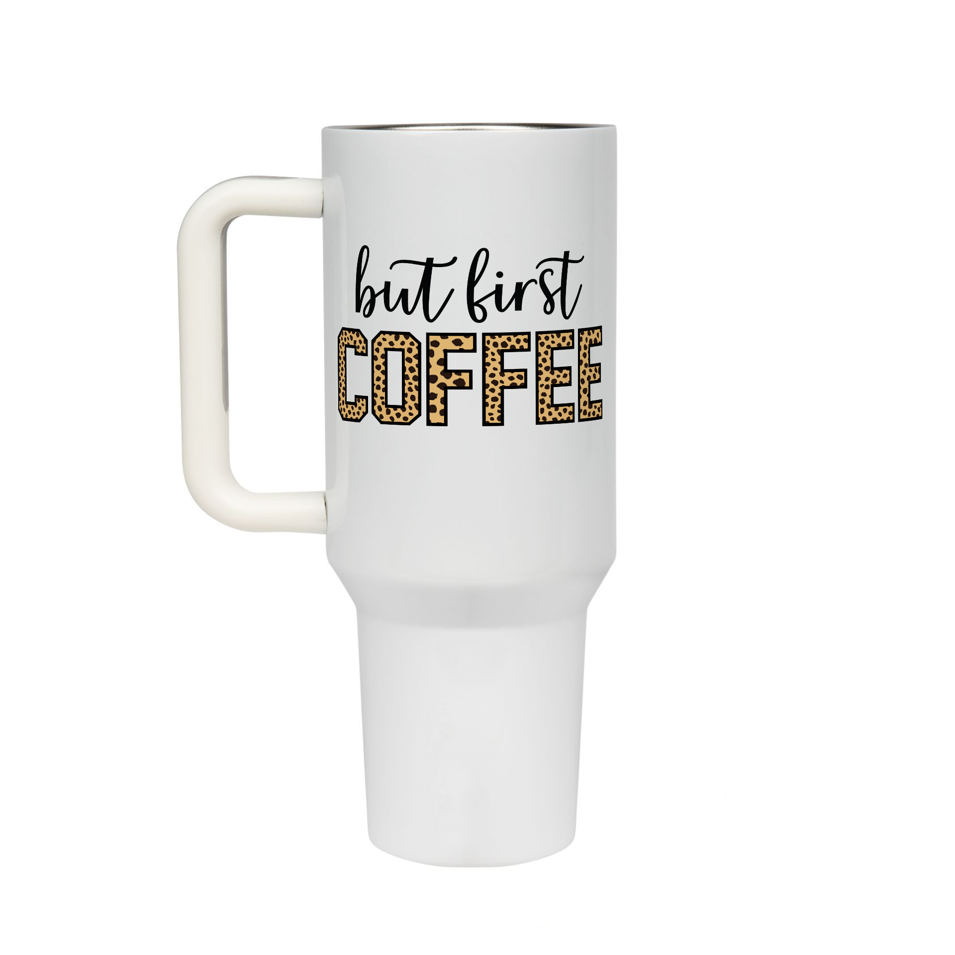 XL Trinkflasche mit Strohhalm & Henkel mit dem Motiv but first Coffee Leo  - Kaffeebecher to Go der Getränke lange kalt oder heiß hält. Aus doppelwandigem Edelstahl 