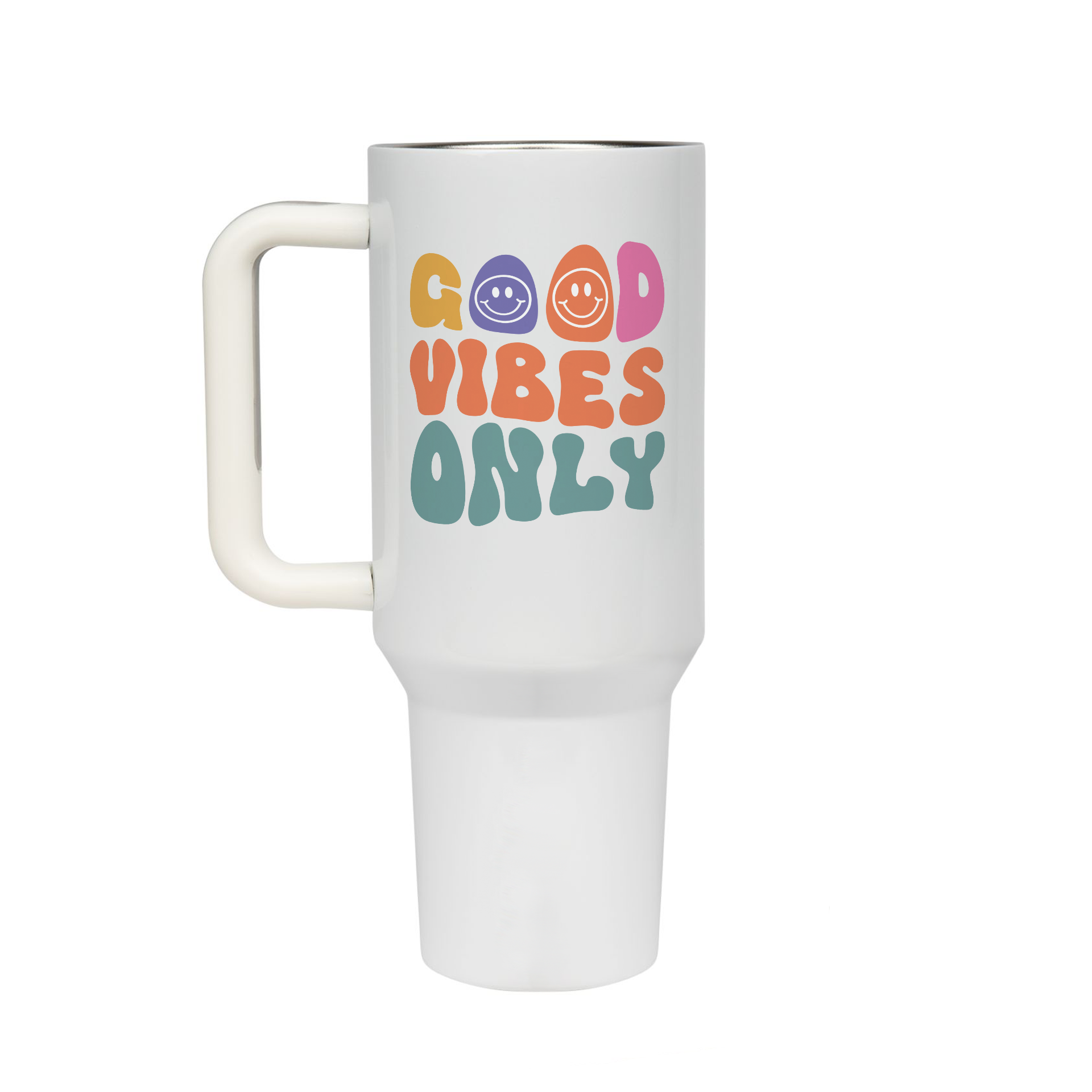 XL Trinkflasche mit Strohhalm & Henkel mit dem Motiv Good Vibes Only - Kaffeebecher to Go der Getränke lange kalt oder heiß hält. Aus doppelwandigem Edelstahl 