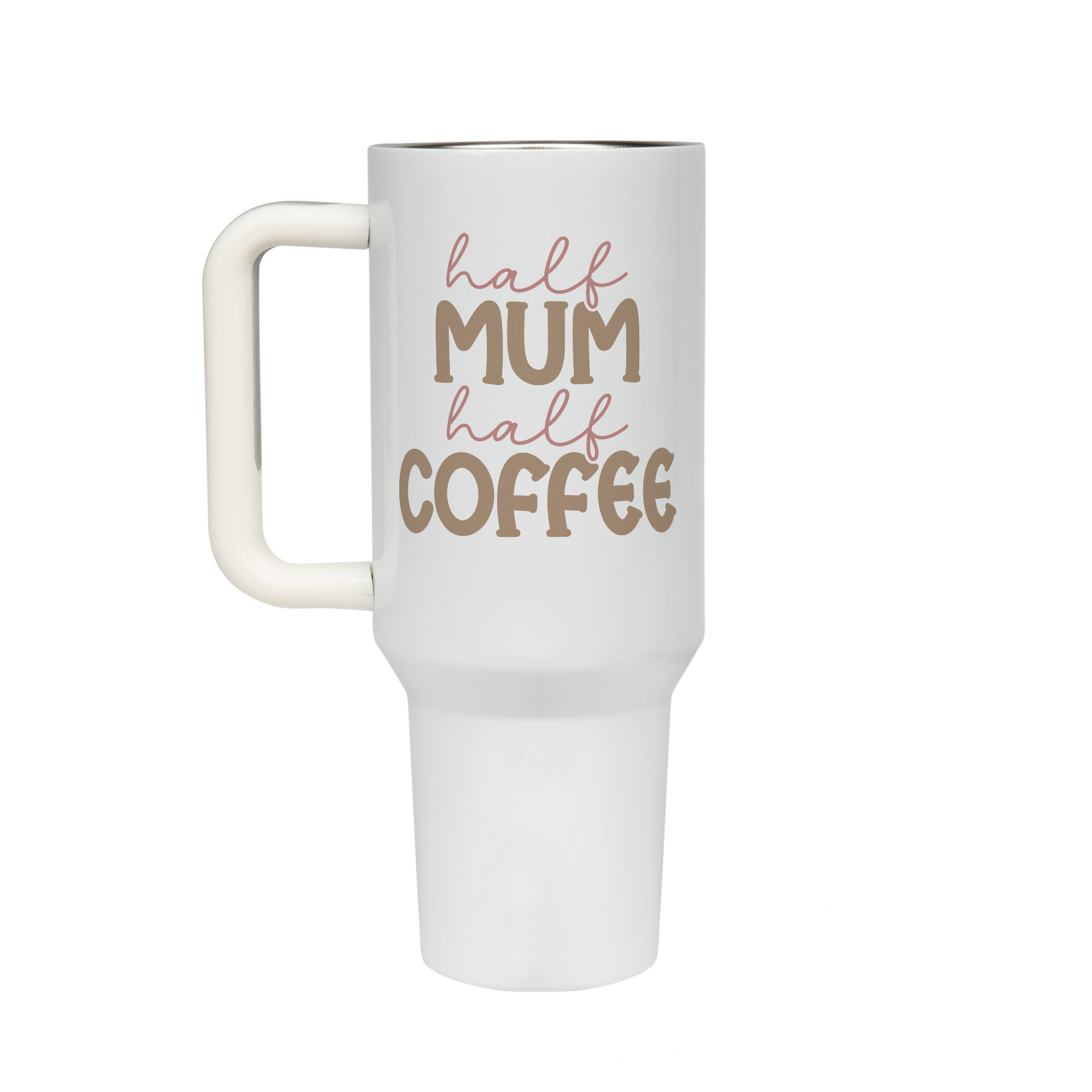 XL Trinkflasche mit Strohhalm & Henkel mit dem Motiv half Mum half Coffee - Kaffeebecher to Go der Getränke lange kalt oder heiß hält. Aus doppelwandigem Edelstahl 
