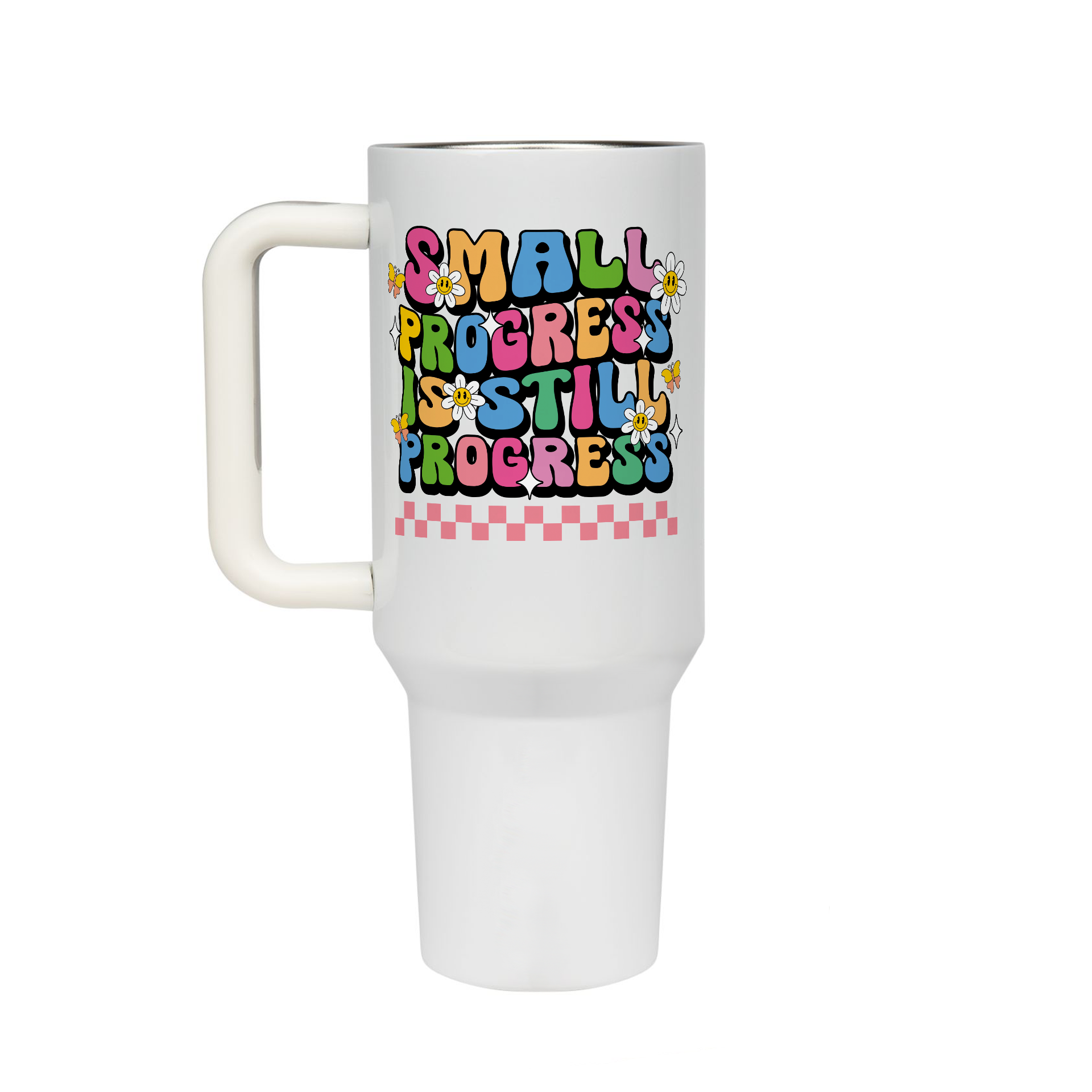 XL Trinkflasche mit Strohhalm & Henkel mit dem Motiv Small Progress is Still Progress - Kaffeebecher to Go der Getränke lange kalt oder heiß hält. Aus doppelwandigem Edelstahl 