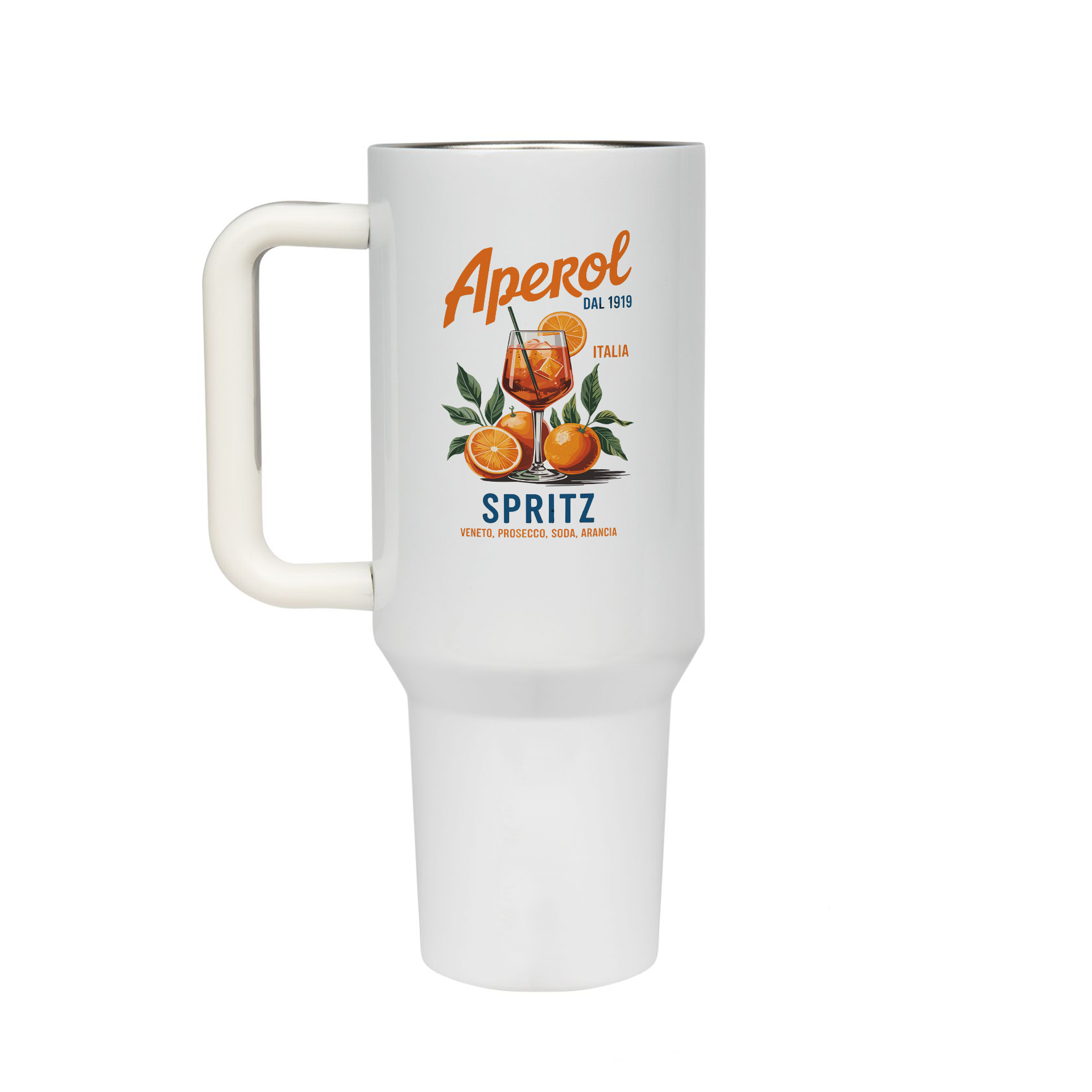 XL Trinkflasche mit Strohhalm & Henkel mit dem Motiv Aperol Spritz - Kaffeebecher to Go der Getränke lange kalt oder heiß hält. Aus doppelwandigem Edelstahl 