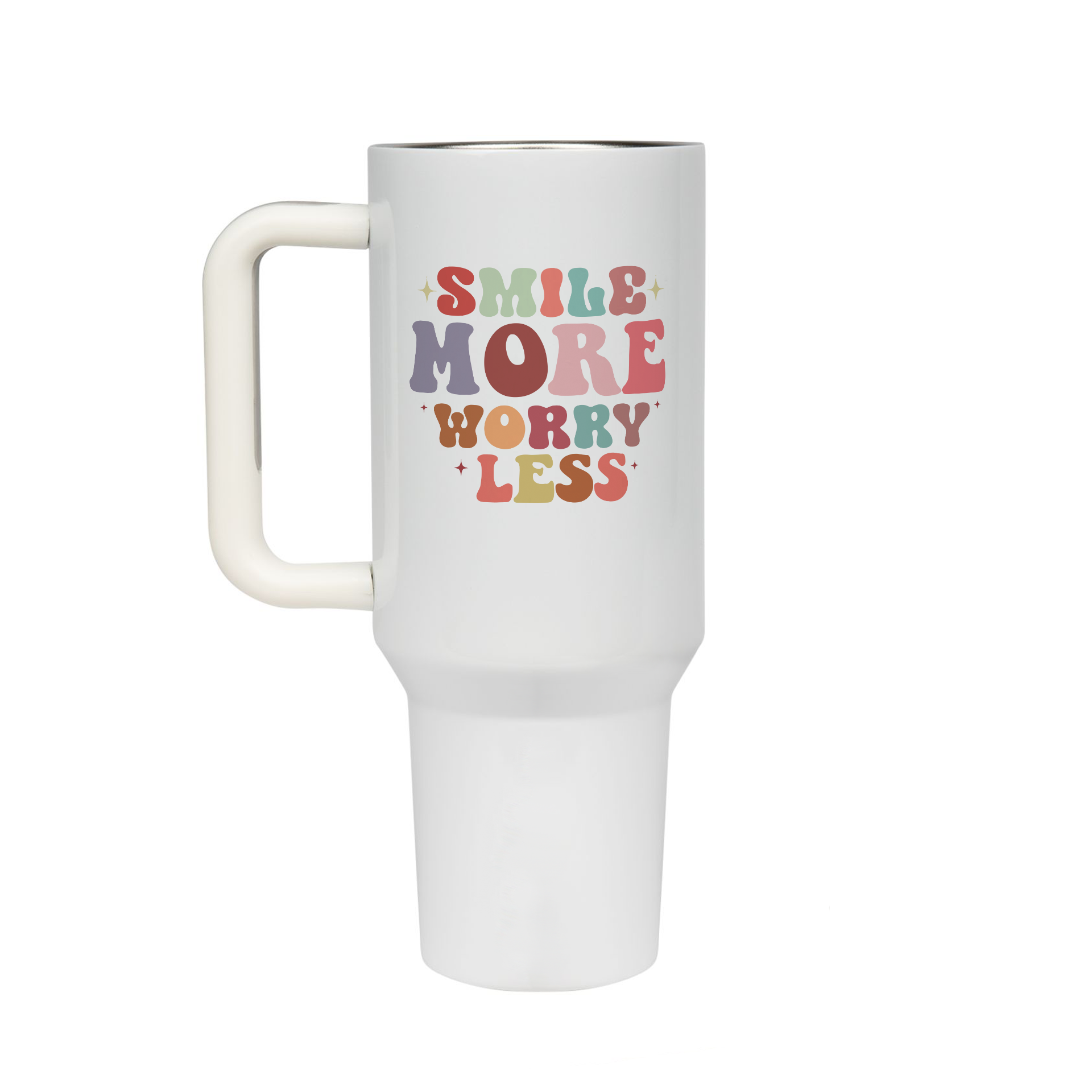 XL Trinkflasche mit Strohhalm & Henkel mit dem Motiv Smile More Worry Less - Kaffeebecher to Go der Getränke lange kalt oder heiß hält. Aus doppelwandigem Edelstahl 