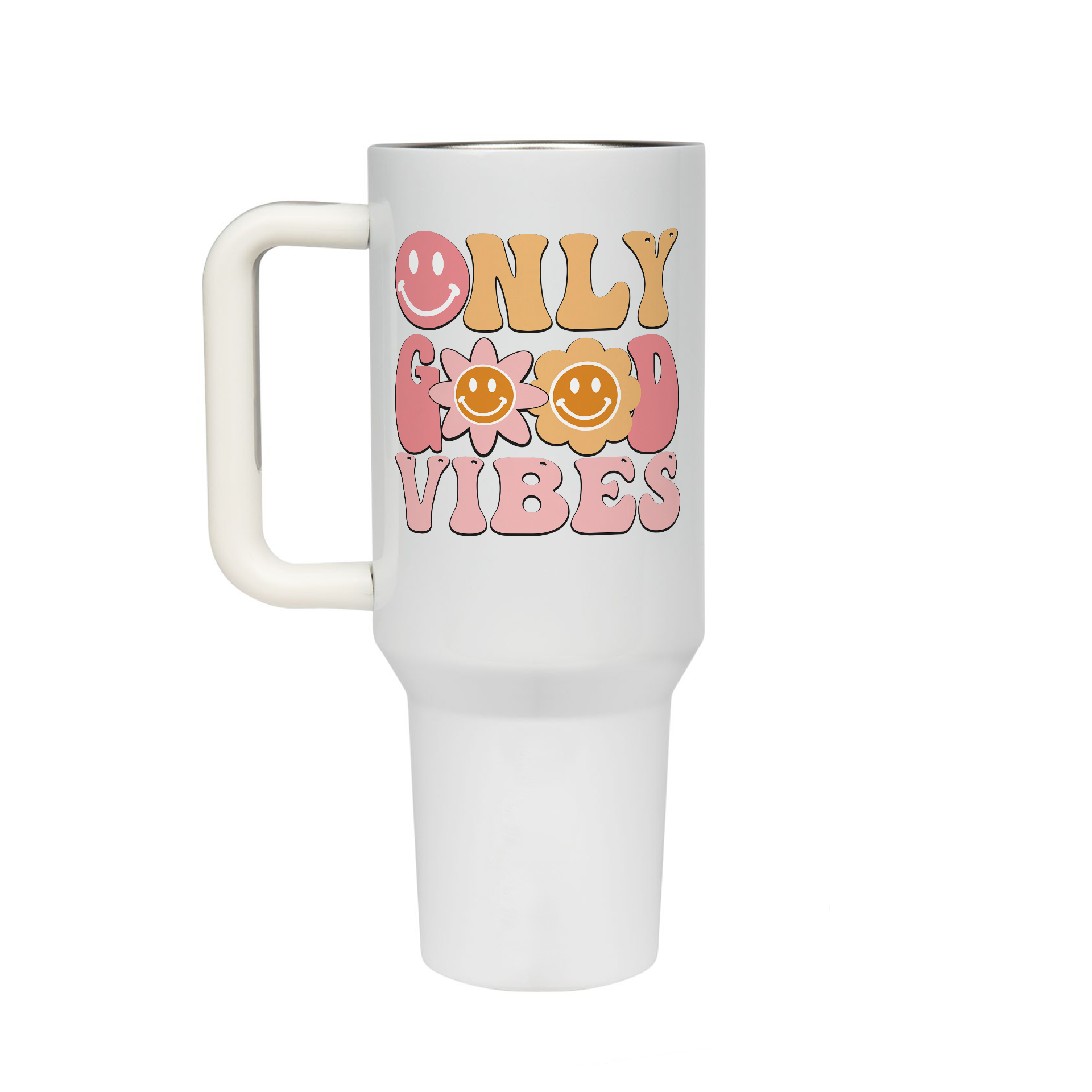 XL Trinkflasche mit Strohhalm & Henkel mit dem Motiv Only good vibes  - Kaffeebecher to Go der Getränke lange kalt oder heiß hält. Aus doppelwandigem Edelstahl 