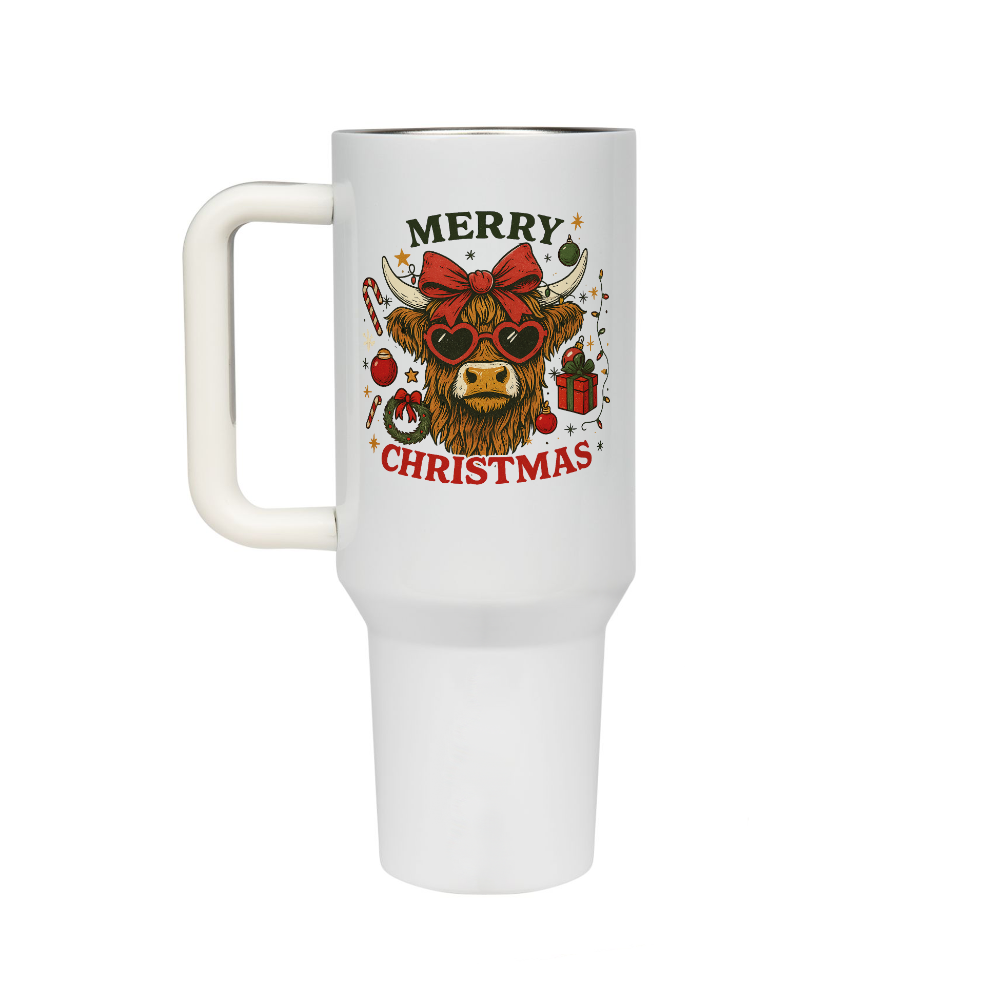 XL Trinkflasche mit Strohhalm & Henkel mit dem Motiv Merry Christmas Kuh - Kaffeebecher to Go der Getränke lange kalt oder heiß hält. Aus doppelwandigem Edelstahl 

 