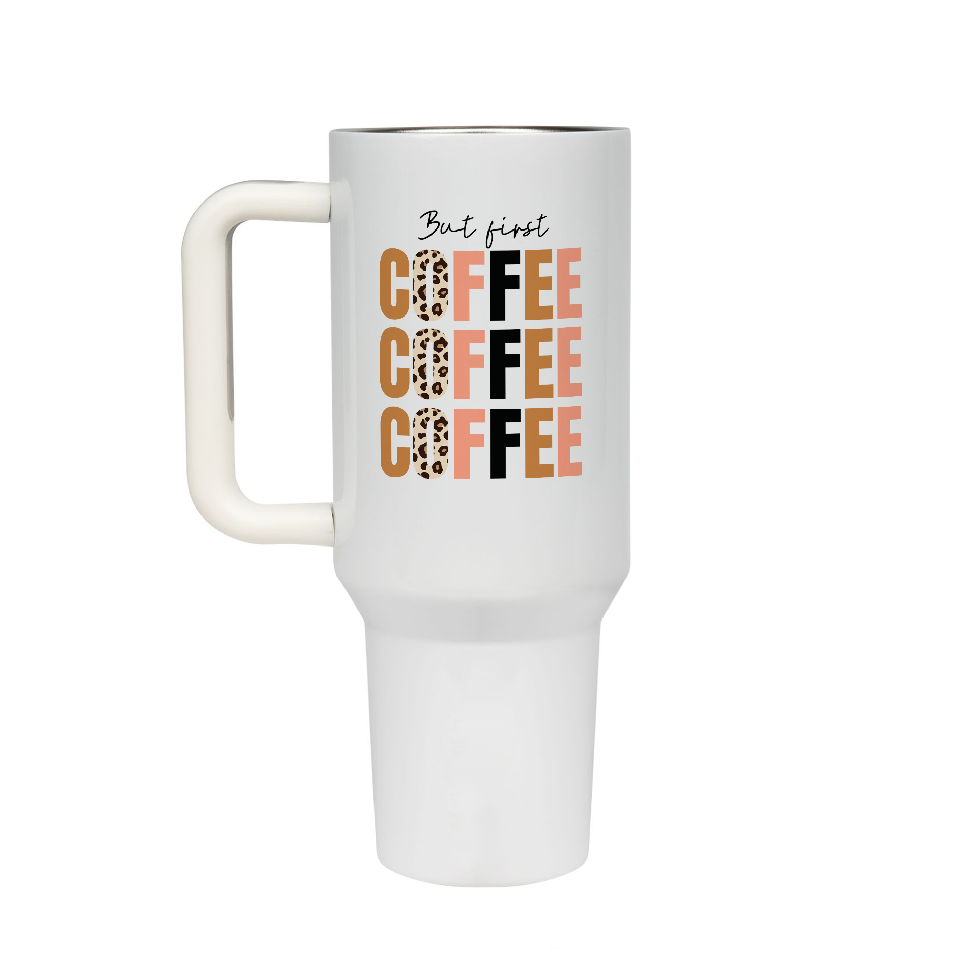 XL Trinkflasche mit Strohhalm & Henkel mit dem Motiv But first Leo Coffee - Kaffeebecher to Go der Getränke lange kalt oder heiß hält. Aus doppelwandigem Edelstahl 