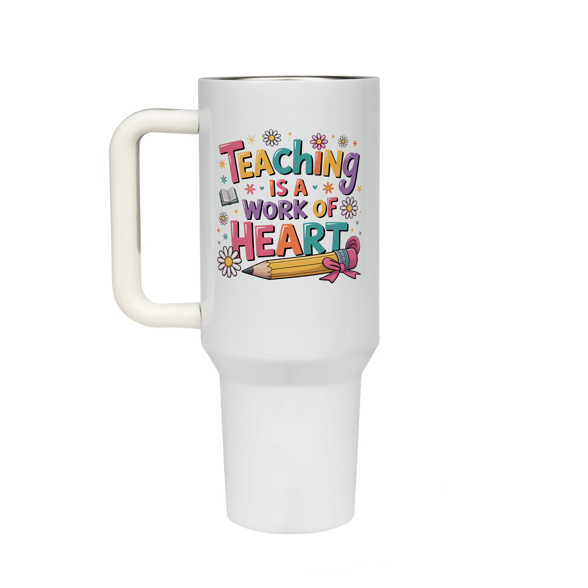 XL Trinkflasche mit Strohhalm & Henkel mit dem Motiv Teaching Is A Work Of Heart - Kaffeebecher to Go der Getränke lange kalt oder heiß hält. Aus doppelwandigem Edelstahl 