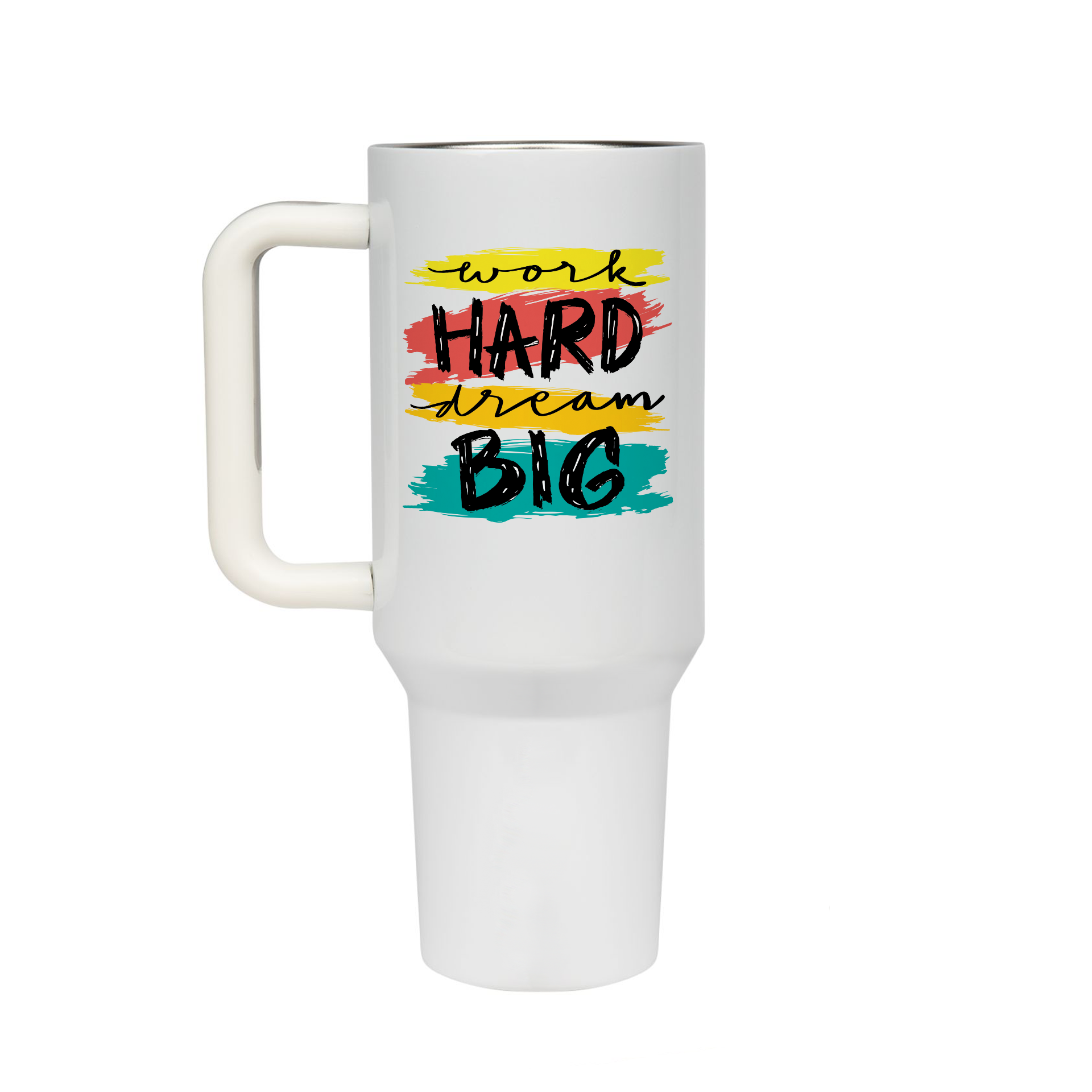 XL Trinkflasche mit Strohhalm & Henkel mit dem Motiv Work Hard Dream Big- Kaffeebecher to Go der Getränke lange kalt oder heiß hält. Aus doppelwandigem Edelstahl 